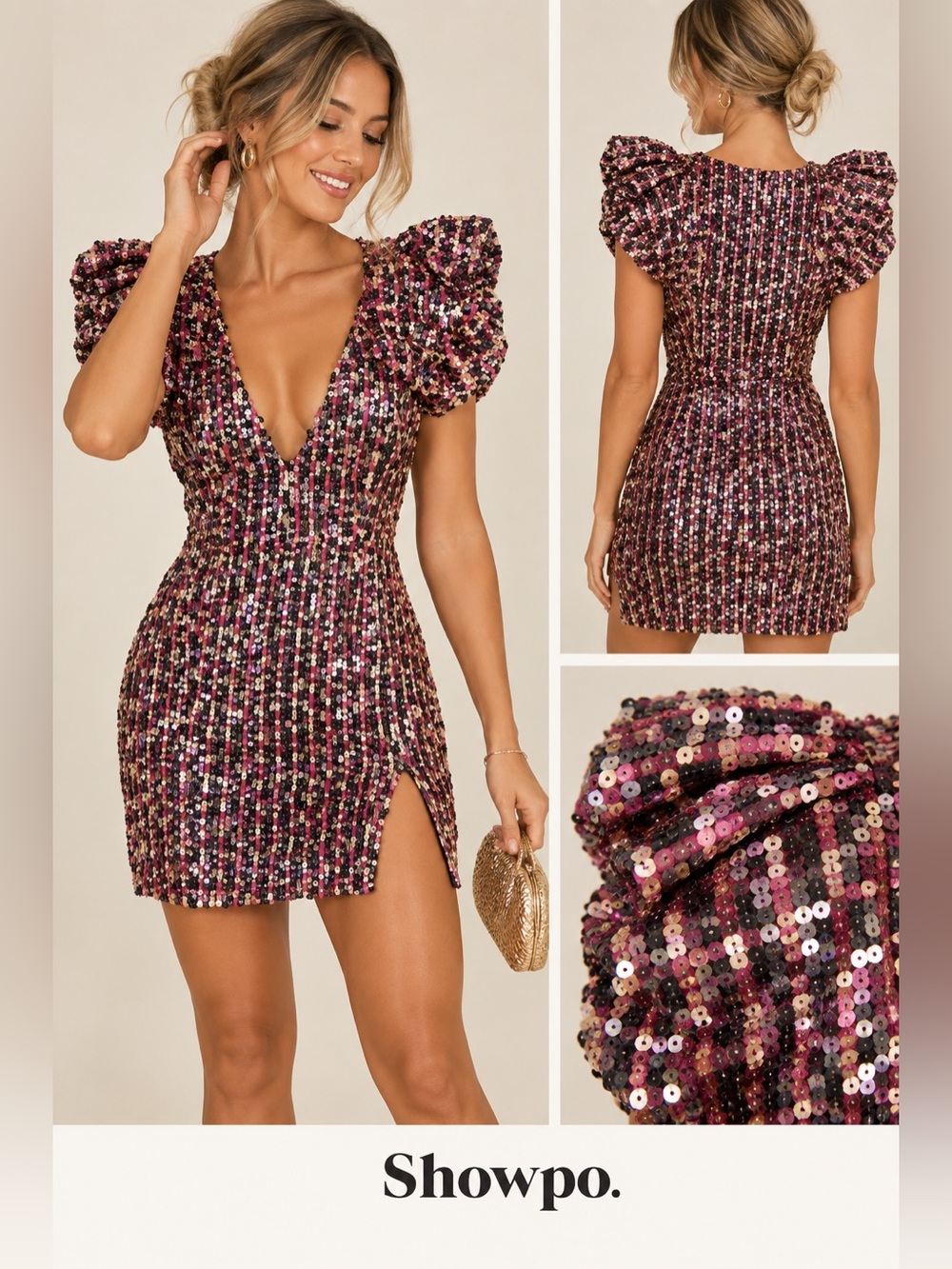 Showpo Charice Multi Sequin Pleat Shoulder Mini Dress Multi Pink Size 8
